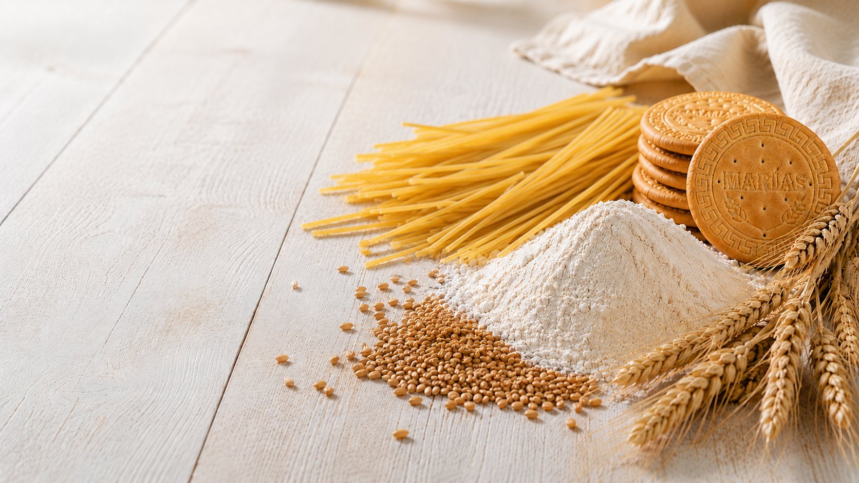 Durum wheat, milled flour, semolina pasta and butter cookies on a white wood table