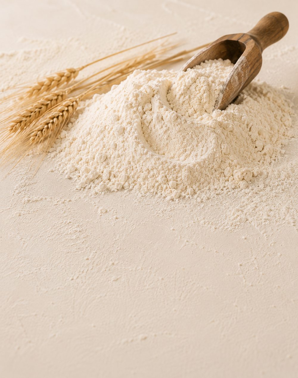 Mound of milled flour with wooden scoop and wheat on dark stone